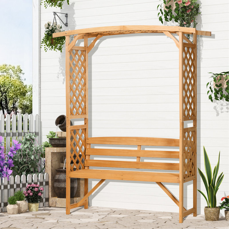 Banc d'extérieur en bois naturel avec arche avec pergola et 2 treillis pour 3 sièges, plantes grimpantes, décoration de fête, brun, supportant 528 lb, l 63 po x P 19,75 po H, jardin de vignes