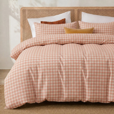 100% Cotton Check Duvet Cover Set, 100% Washed Cotton Bedding, Queen Size 3 Piece Soft Breathable Comforter Cover Set with Hidden Zipper and 8 Corner Ties, Soft Peach
