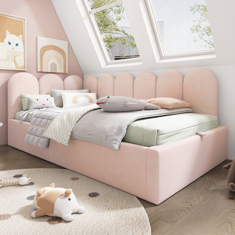 Canapé-lit rembourré en velours rose avec repose-pieds et rangement hydraulique, structure à lattes en métal, convient aux adultes et aux enfants; Matelas non inclus