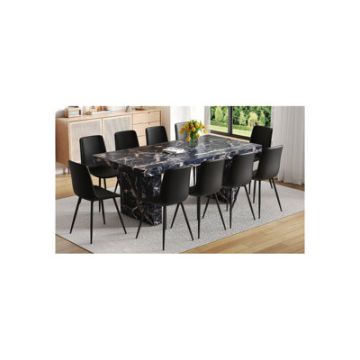 Table And Chair Set.78.7"*39.4"*29.9"Inches MDF Luxurious Black Marble Pattern Dining Table,With A 3.5-Inch Thick Tabletop.Paired With 10 Black Artificial PU Chairs With Curved Widened Cushion Design.