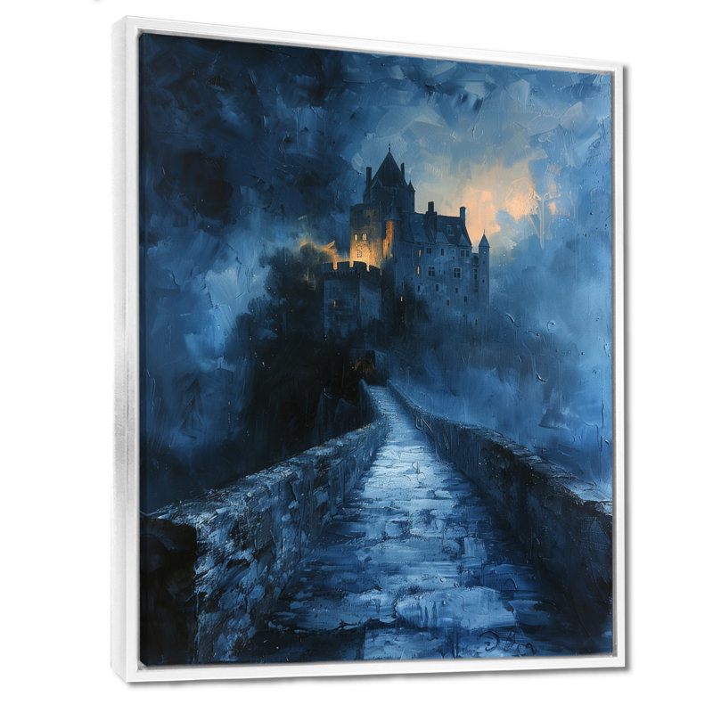 Orange, bleu, hiver, gothique, fantôme, château, châteaux, art mural, Toile encadrée flottée blanche