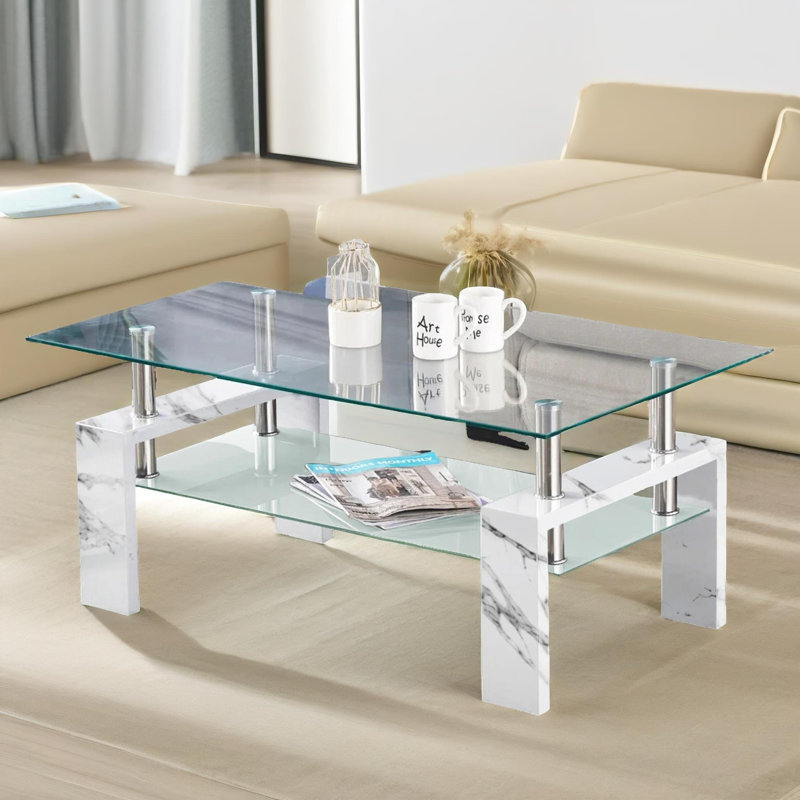 2 Tier Glass Table with Storage Shelf, Living Room Furniture, White Marble