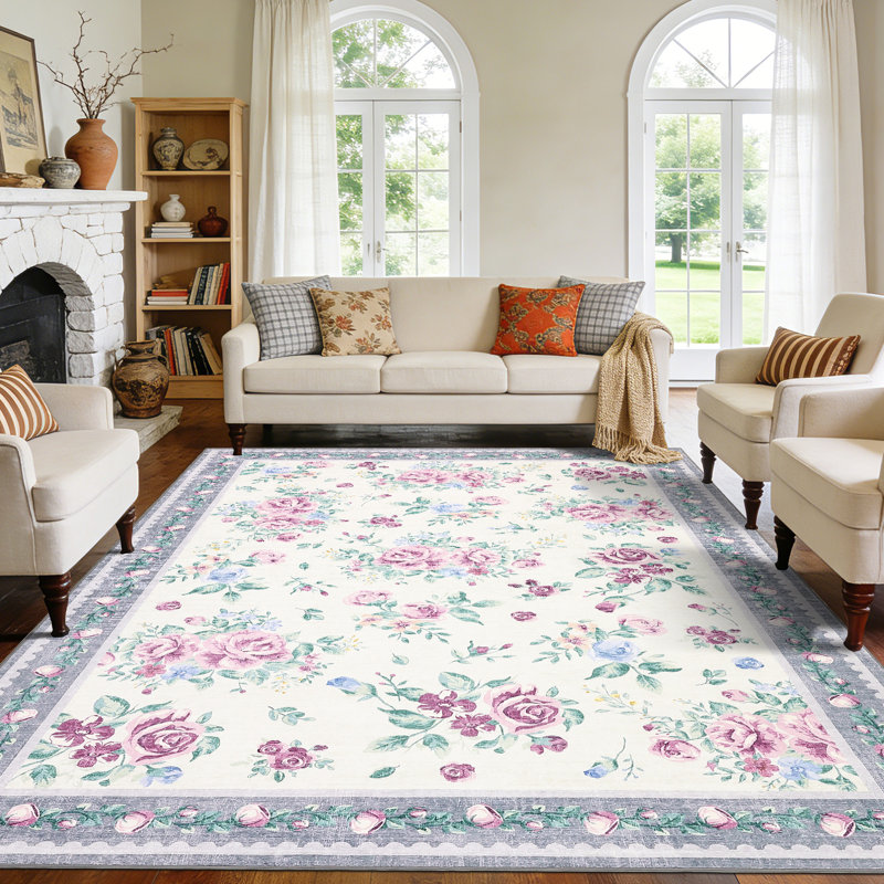 Vintage Floral Pattern Area Rugs Washable Foldable Carpet Modern Home Decor Rug Bedroom Living Room Rugs and Easy Care Carpet Floor Mats