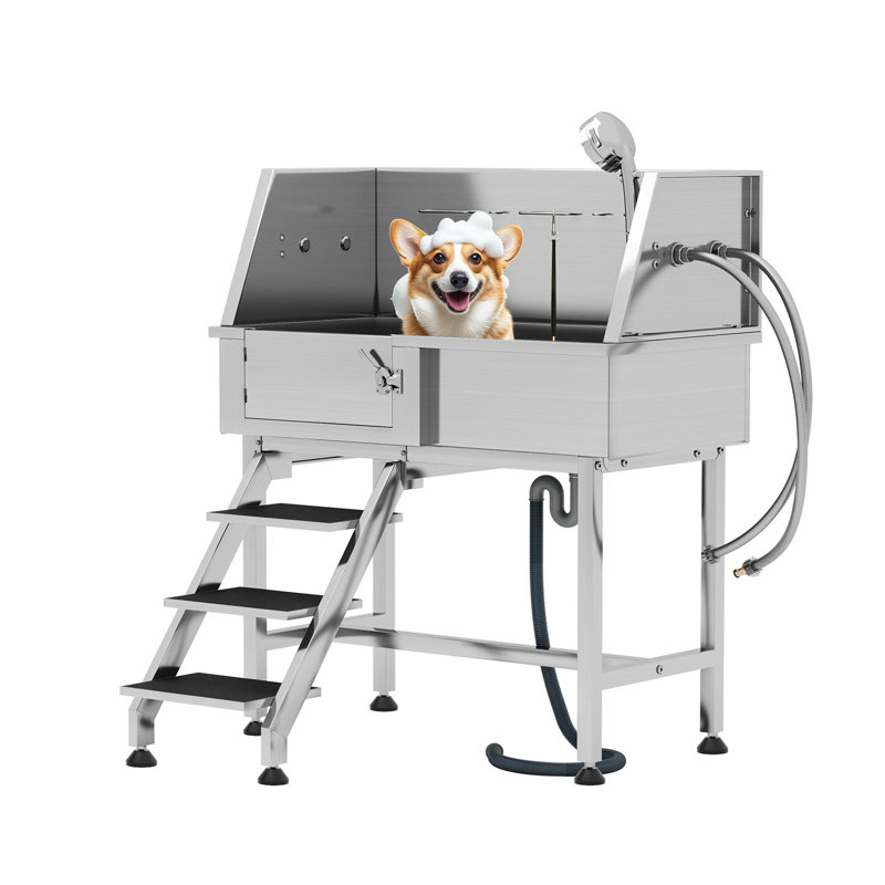 Baignoire de toilettage pour chien en acier inoxydable Ysacne avec marches antidérapantes, pulvérisateur réglable et robinet - Station de lavage professionnelle pour petits et moyens chiens (argent)