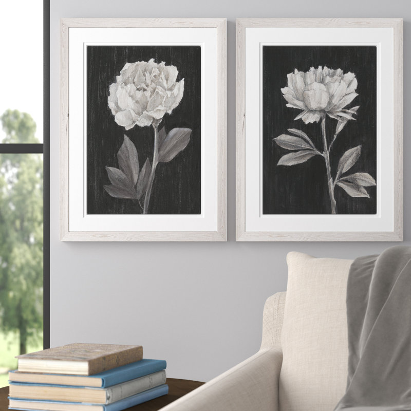 «Black and White Flowers III», ensemble de 2 reproductions d'art encadrées, H 20 po x l 32 po, Blanc