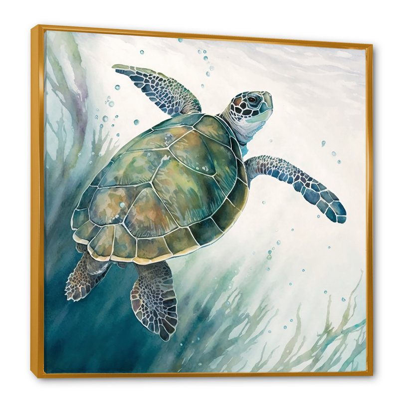 Tortue aquarelle nageant I - reproduction sur toile, H 16 po x l 16 po x P 1 po, Toile avec cadre flottant or