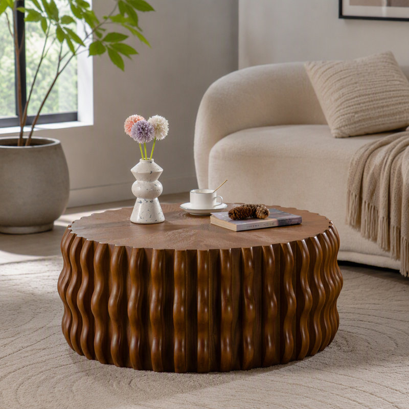 Table basse ronde ondulée 30,31 po - Table de chevet Mid-Century en bois massif et en MDF, table basse brune cannelée moderne pour salon / appartement (entièrement assemblée)