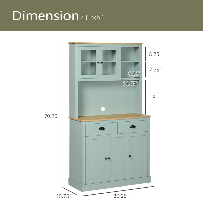 Pantry Storage Cabinet Freestanding Kitchen Buffet With Hutch With Drawers, Glass Doors