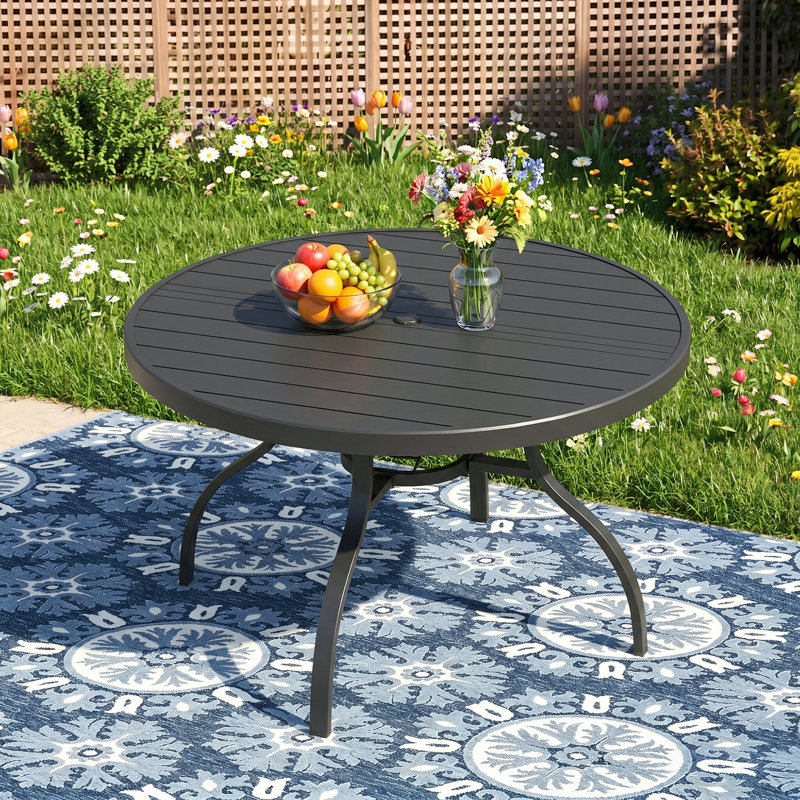 47" Round Metal Outdoor Patio Dining Table For 4, All-Weather Slatted Outdoor Table With Umbrella Hole, Black