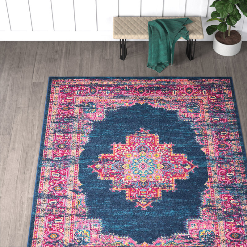 Abbate Oriental Navy Blue/Pink Area Rug, Rectangle 10' x 14'