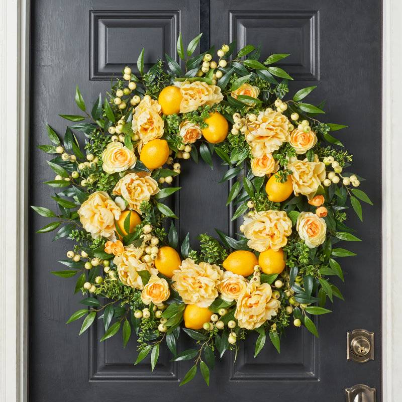 Couronne de limonade jaune pivoine et citron, H 24 po x l 24 po x P 6 po