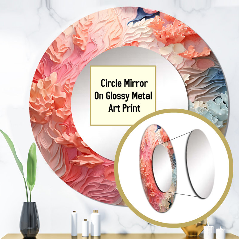 Romayne Pink And White Coastal Coral Collage - Corals Decorative Mirror, Coastal Round Wall Mirror, Printed Metal Art