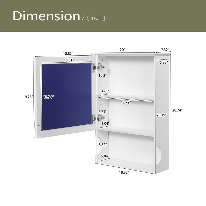 20'' Wall Mounted Bathroom Storage Cabinet With Mirror, Wall Mounted Home Storage With Door, Mirrored Wall Medicine Cabinet