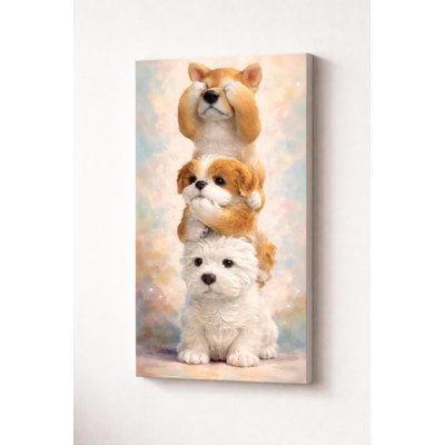 Mignon chiot empilé sur toile, adorable chien, trio de peinture, art animalier Kawaii pour chambre d'enfant, décoration de chambre à coucher, impression sur toile 16 x 24 po - prêt à être accroché