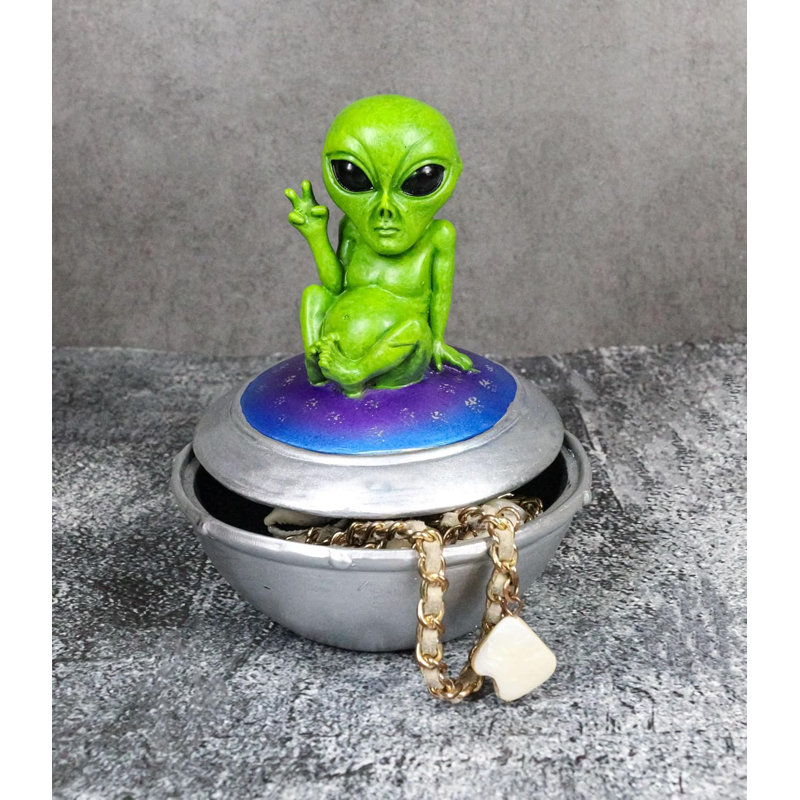 UFO Extra Terrestrial Roswell Alien On Spaceship Trinket Box Figurine