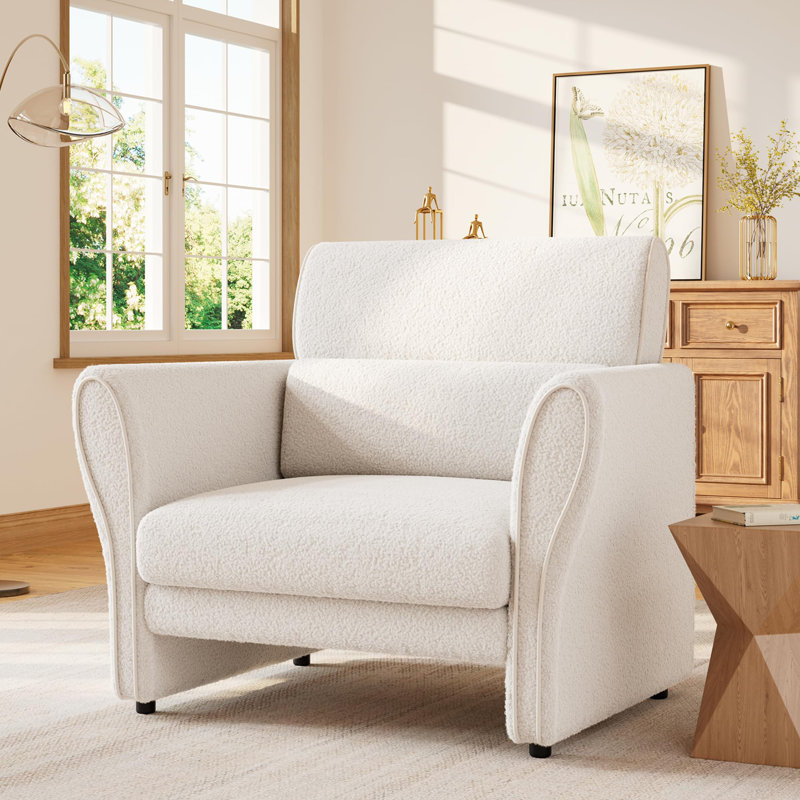 Fauteuil d'appoint moderne, fauteuil rembourré en tissu bouclé pour salon, fauteuil lounge style années 50, canapé une place confortable pour chambre ou bureau, beige