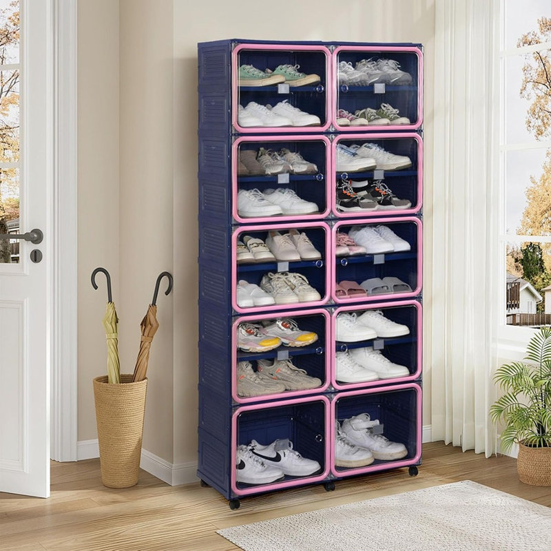 Grande armoire à chaussures pliante, étagère à chaussures en plastique facile à assembler avec porte magnétique transparente, range-chaussures à 9 niveaux, 36 paires, bleu et rose
