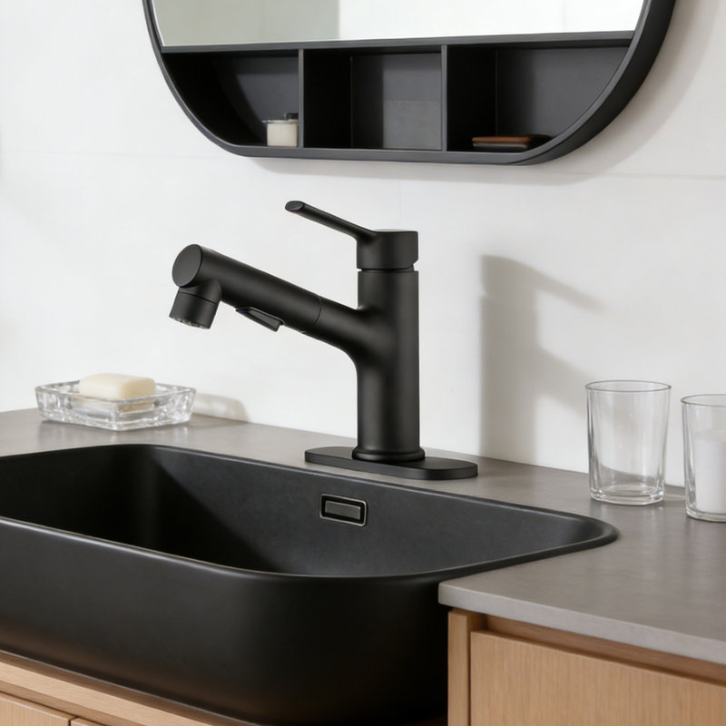 Single Handle Single Hole Bathroom Faucet With With Pull Out Sprayer, Drain Assembly, Matte Black