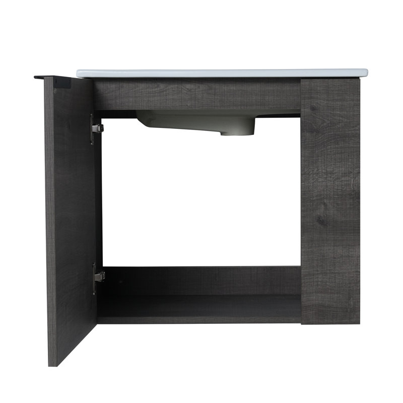 Meuble-lavabo mural, lavabo 22 po, fermeture en douceur, petite porte à carreaux en chêne gris, poignée noir mat, couleur