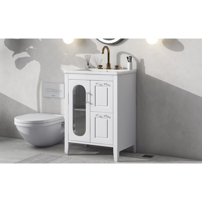 24 - Inch Bathroom Vanity With Sink, Two Drawers, Door, Adjustable Shelf, Solid Rubber Wood, , Glass, White, Modern Style, Single Drop In Flat Edge, Painted Finish, Rectangular Shape, Freestanding,