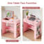 Commode à miroir rabattable rose moderne, commode avec tiroirs et rangement caché, bureau d'écriture avec miroir lumineux et station de charge