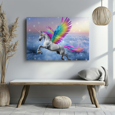 Canvas A Majestic Unicorn With A Shimmering White Coat And A Wall Art Flowing Mane Of Pink Blue And Yellow Hues Gracefully Soars Canvas Wall Art