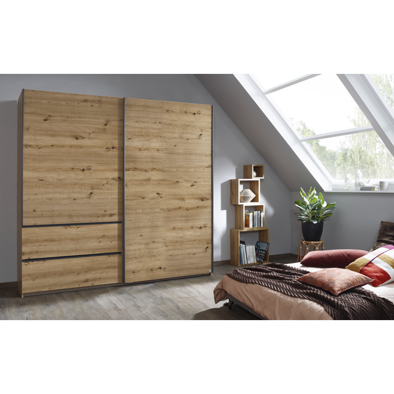 Sevilla Sliding Door Wardrobe, Oak Artisan/Black, 210cm H x 218cm W x 59cm D