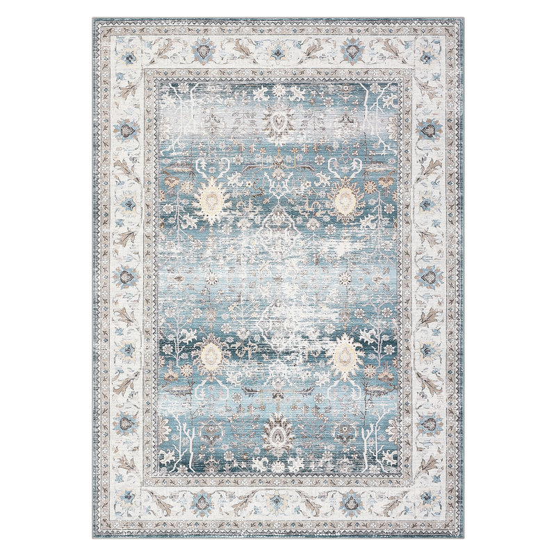 Modern Floral Machine Washable Rug for Living Room Stain Resistant Ultra Soft Low Pile Floor Cover Foldable Lightweight Non Slip Carpet for Bedroom, Dining Room