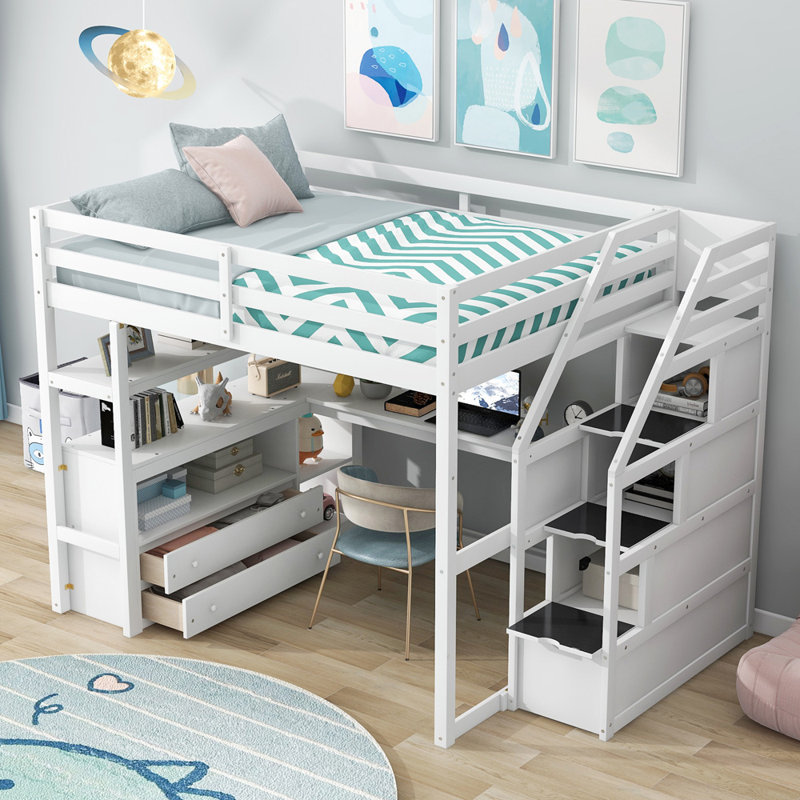 Lit mezzanine avec bureau et tablettes