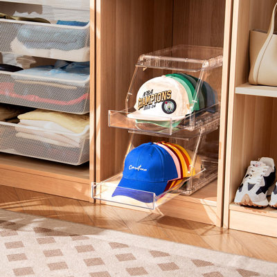 2 Pack Hat Organizer For Baseball Caps – Stackable Clear Display Box With Sliding Drawer, Holds 15 Baseball Caps, Closet And Shelf Organizer For Hats, Transparent Display With Anti-Slip Feet