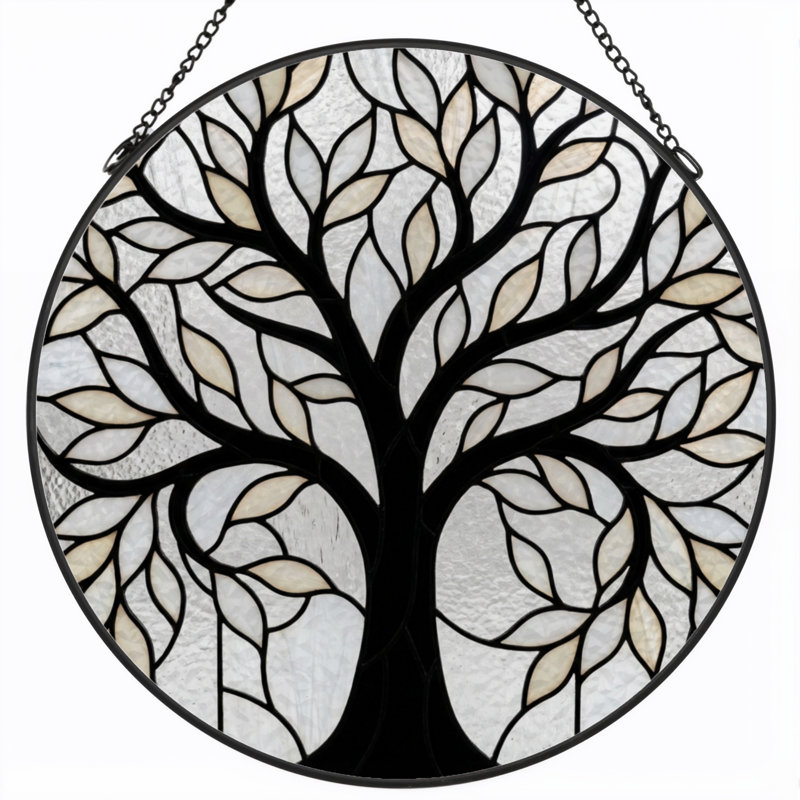 7.8"H Tree Leaves Stained Glass Window Panel, 7.8" H x 7.8" W