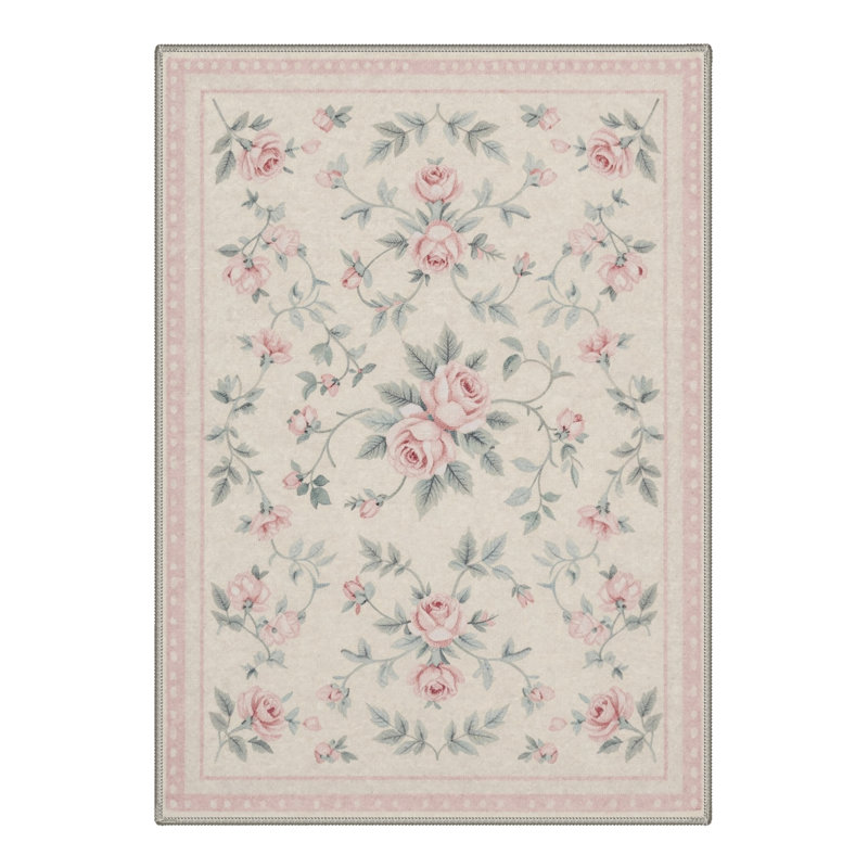 Tapis d'intérieur lavable à la machine à motif floral rose / vert / beige avec envers antidérapant Abbey