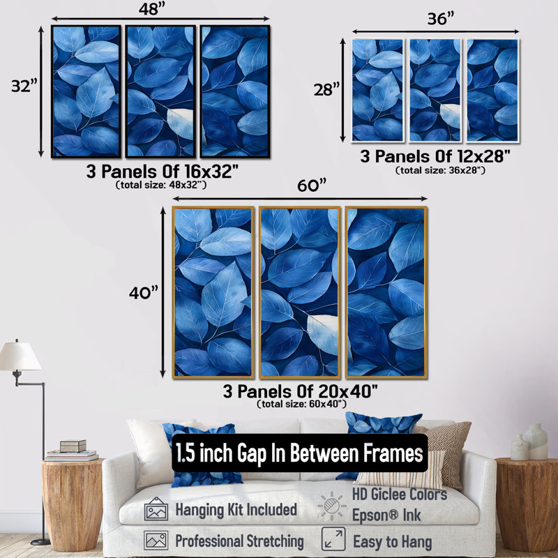 Indigo feuilles feuillage collage II - art mural feuilles - ensemble de 3, H 28 po x l 36 po, Noir