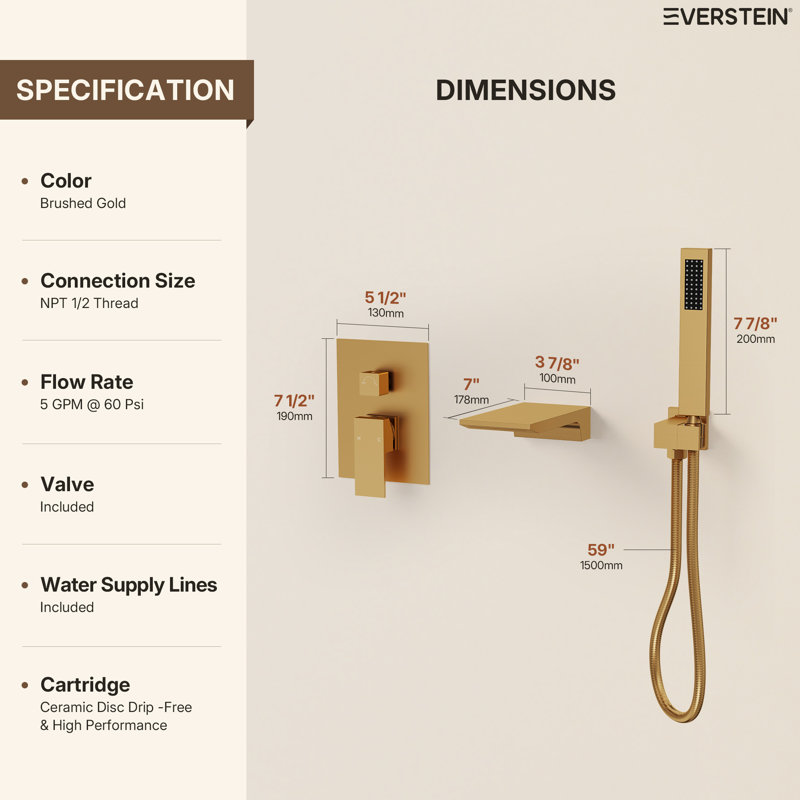 Wall-Mount Waterfall Bathtub Faucet with Hand Shower and Pressure-Balancing Valve by EVERSTEIN, Brushed Gold