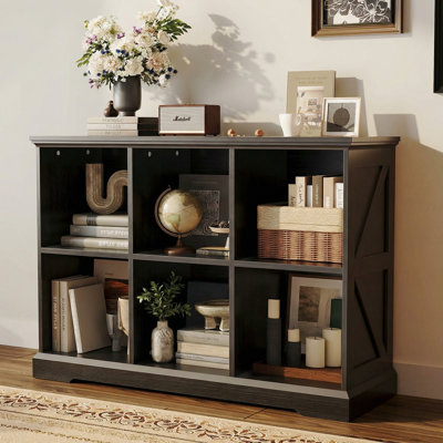 6 Cube Storage Organizer Bookshelf, Farmhouse Cube Bookshelf with Storage, Cube Organizer Shelf for Living Room, Home Office, Black