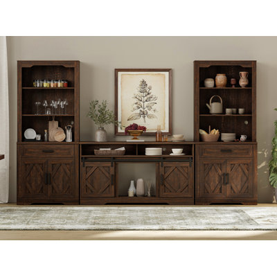 Glenford 3-In-1 Farmhouse Pantry System - Triple Cabinet Centre (2 Sliding Barn Doors) & Dual 73.3" Hutch Sideboards (3 Open Shelves + Base Cabinets)