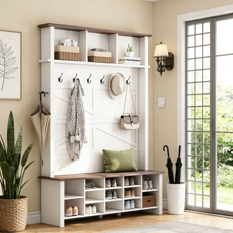 Hall Tree 56.3'' Wide with Bench and Shoe Storage, White