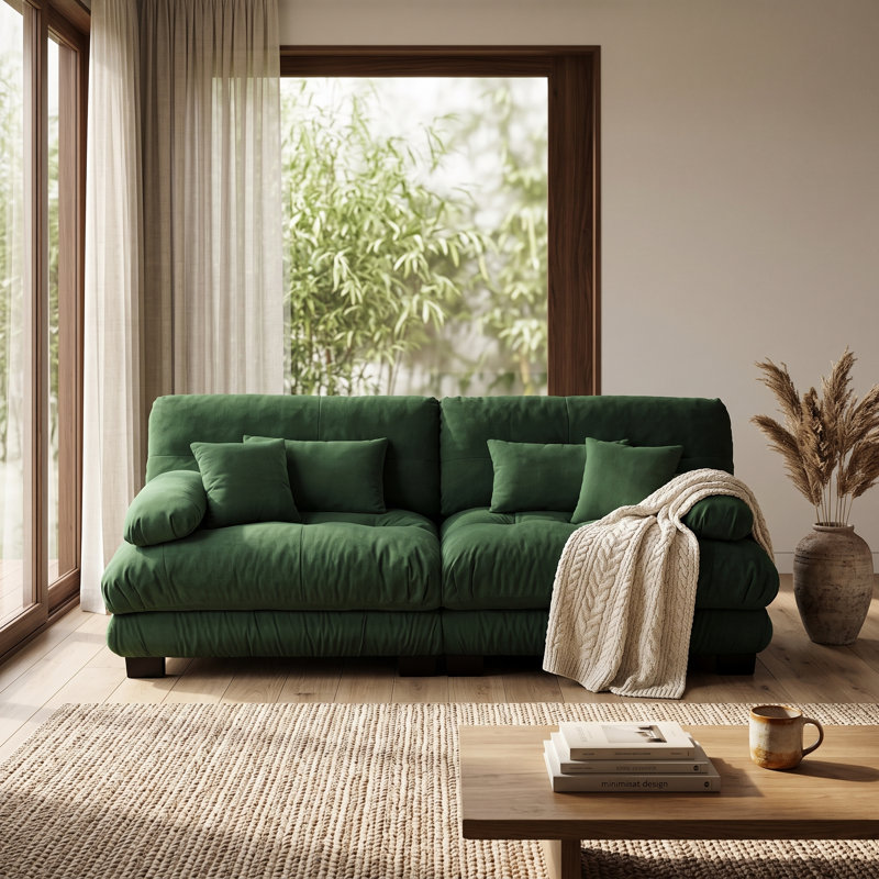 Canapé 2 places en chenille verte moelleuse avec sièges et coussins profonds et moelleux pour salon, 2 Seat