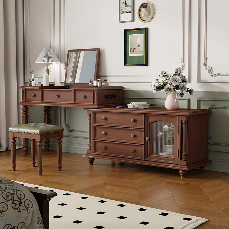 Armoires de meuble-lavabo et de rangement 47,24 "en bois d'hévéa rétro avec rallonge et tabouret de maquillage
