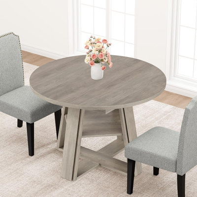 Table de salle à manger extensible pour 4-8 - ovale / ronde, 43,3-59,06 pouces, table de cuisine peu encombrante avec piédestal en bois épais et tablette de rangement, appartement et salle à manger, gris ivoire clair