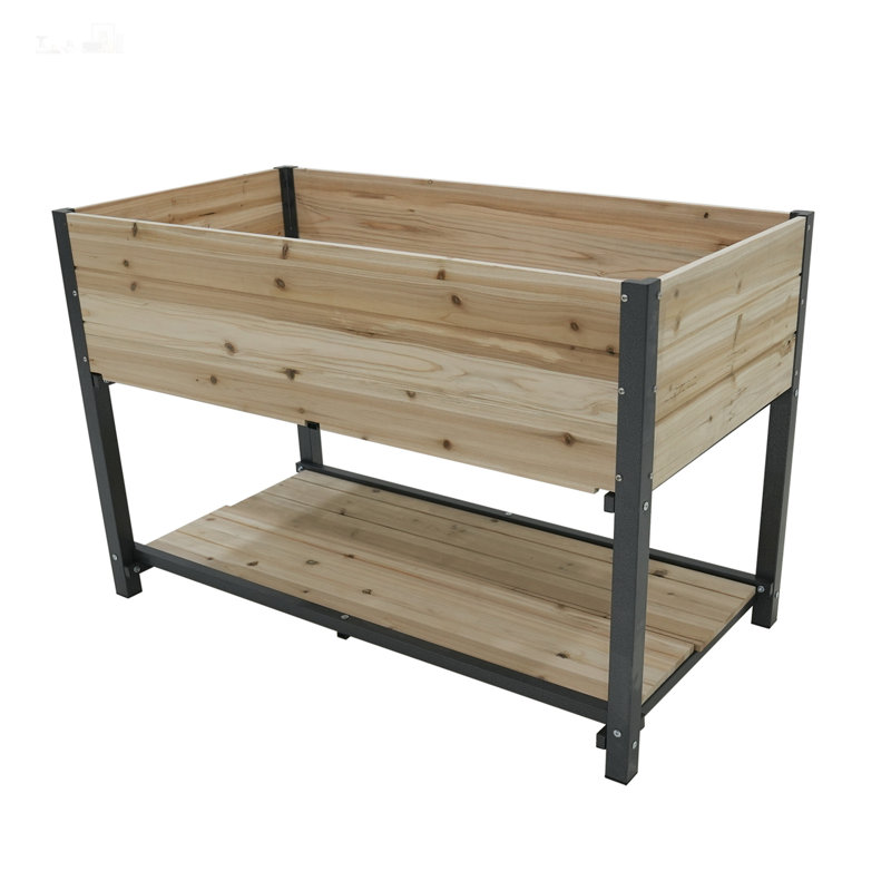 Lits de culture durables combinés en fer et en bois avec pieds et supports de rangement pour les jardins, les cours, les terrasses et les balcons.