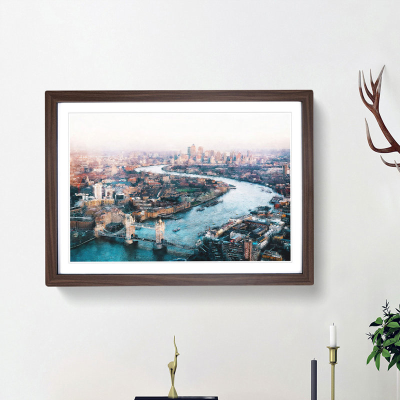 River Thames And London Skyline - Single Picture Frame Painting on MDF, 24cm H x 33cm W x 2cm D, Walnut Framed