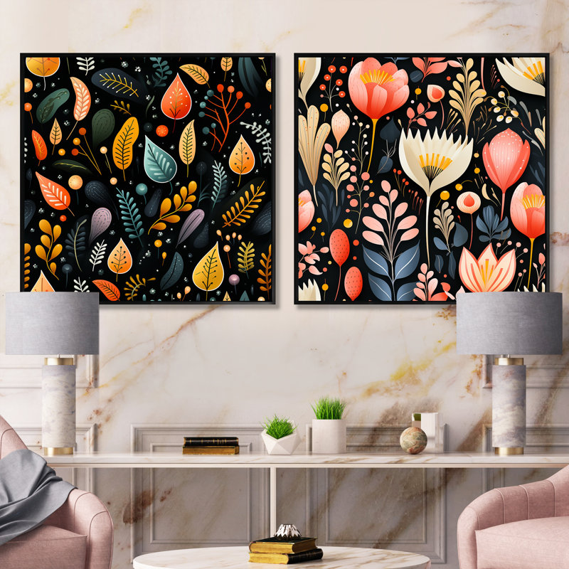 Chataignier - Ensemble de 2 collages carrés botaniques abstraits, Cadre flottant noir, H 16 po x l 33 po
