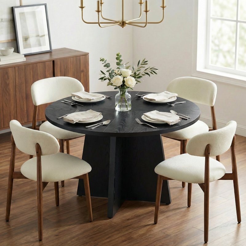 Amarachi 47’’ Round Wood Dining Table With Upholstered Chairs, Kitchen Dining Room Furniture Set, 5 Pieces: Table, 4 Chairs