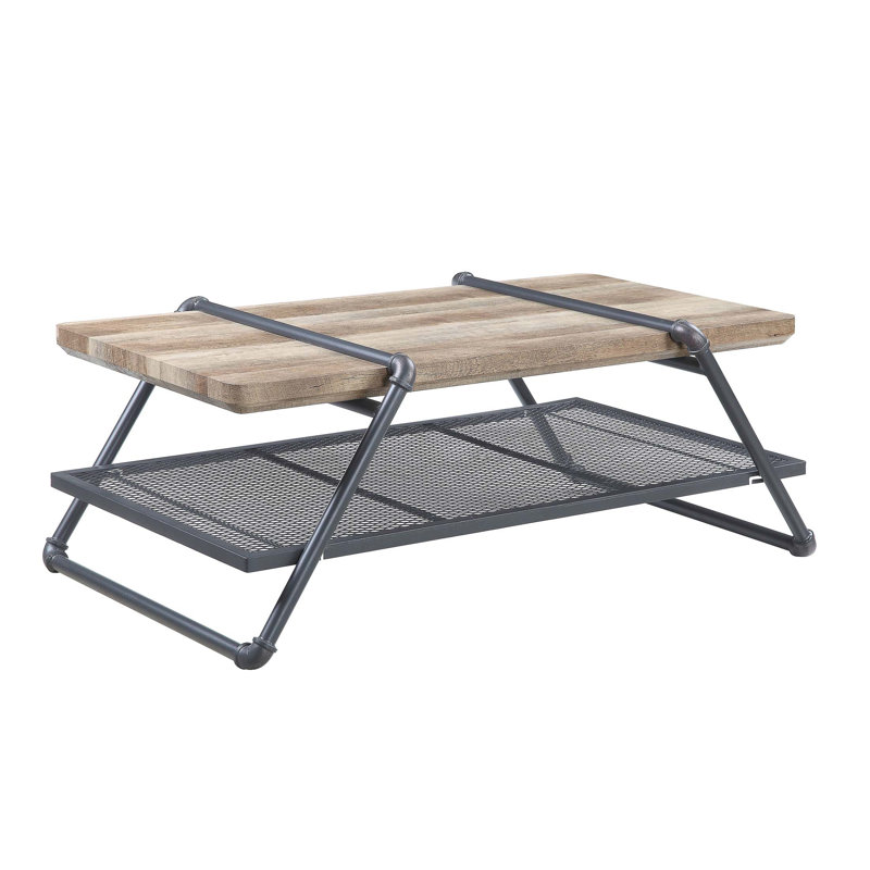 Brantley 47'' Oak and Gray Industrial Coffee Table with Metal Mesh Shelf