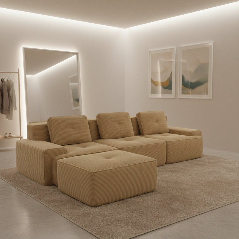 Canapé modulaire en forme de L de 117 po, tissu velours côtelé, siège 3 places avec repose-pieds mobile sans assemblage, base antidérapante, brun clair