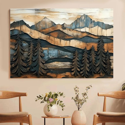 Tableau encadré sur toile - Forêt de pins et montagnes en relief, style bois relief - 61 x 91 cm (24 x 36 pouces) pour salon et bureau