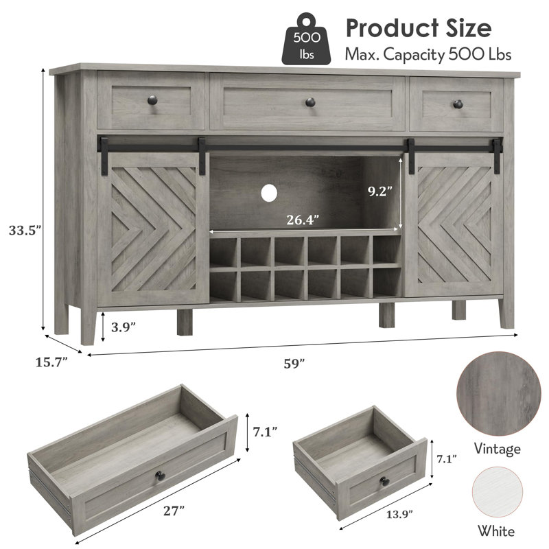 Farmhouse Buffet Cabinet with Sliding Barn Door, 59" Gray Sideboard with 3 Drawers & Removable Wine Rack, Large Kitchen Storage Cabinet for Dining Room or Entryway