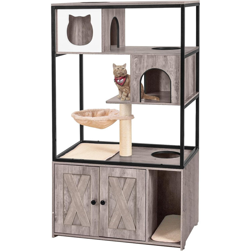 Gray Wooden 3-Story Cat Condo with Litter Box Enclosure
