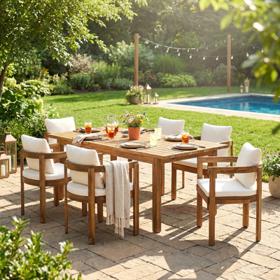 Ensemble de salle à manger d'extérieur en bois d'acacia 7 pièces avec coussins crème, 7 grandes chaises modernes et 1 grande table